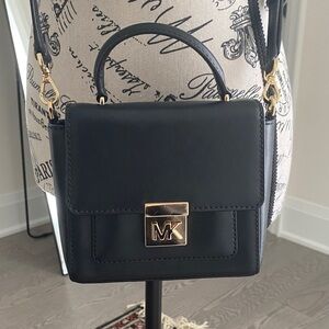 Michael Kors Black Leather Mini Top-Handle Crossbody with Gold MK Lock